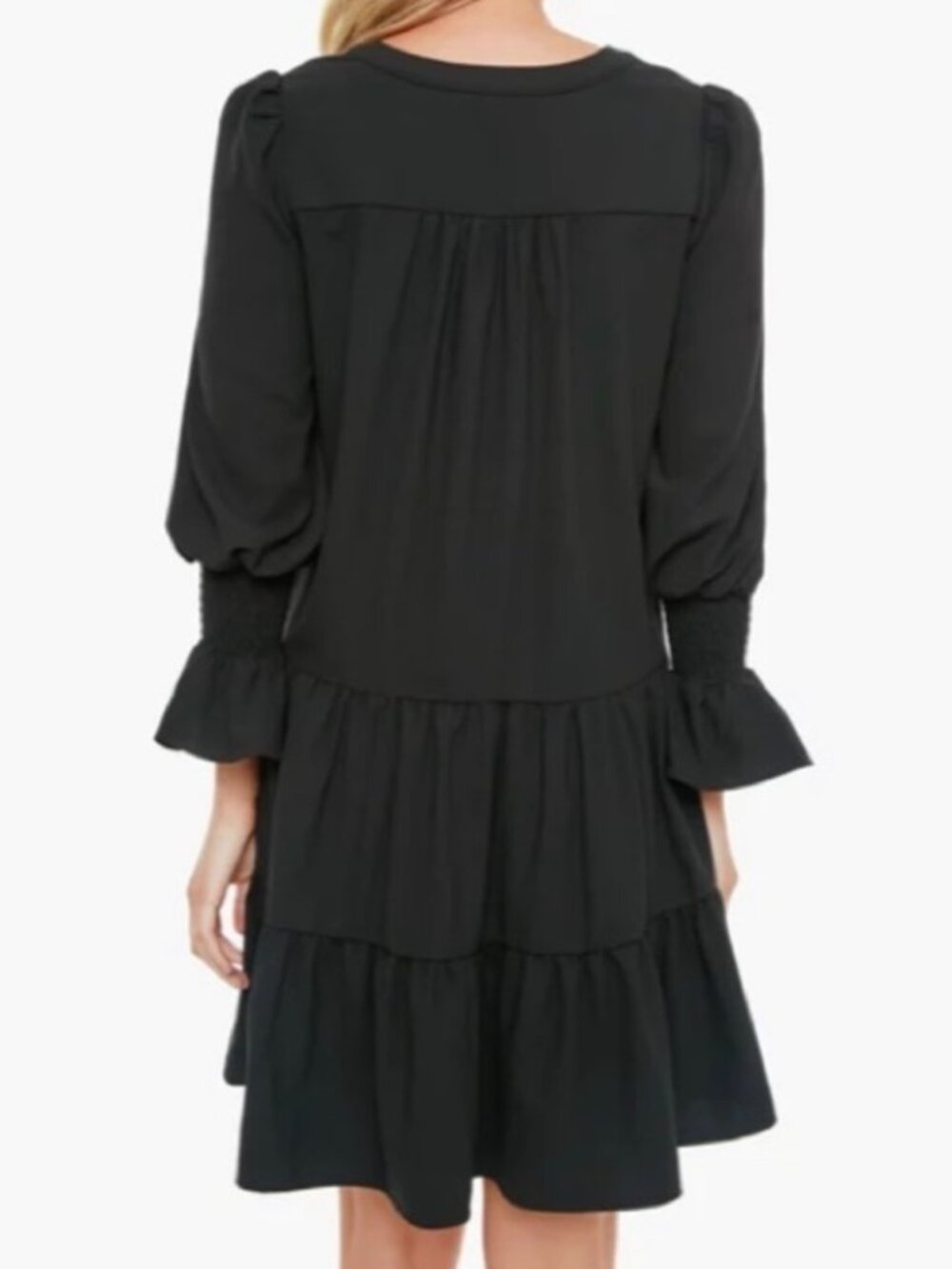 Pomander Place by Tuckernuck Crepe Kenzo Dress Women Medium Black V-Neck Tiered - Picture 14 of 14